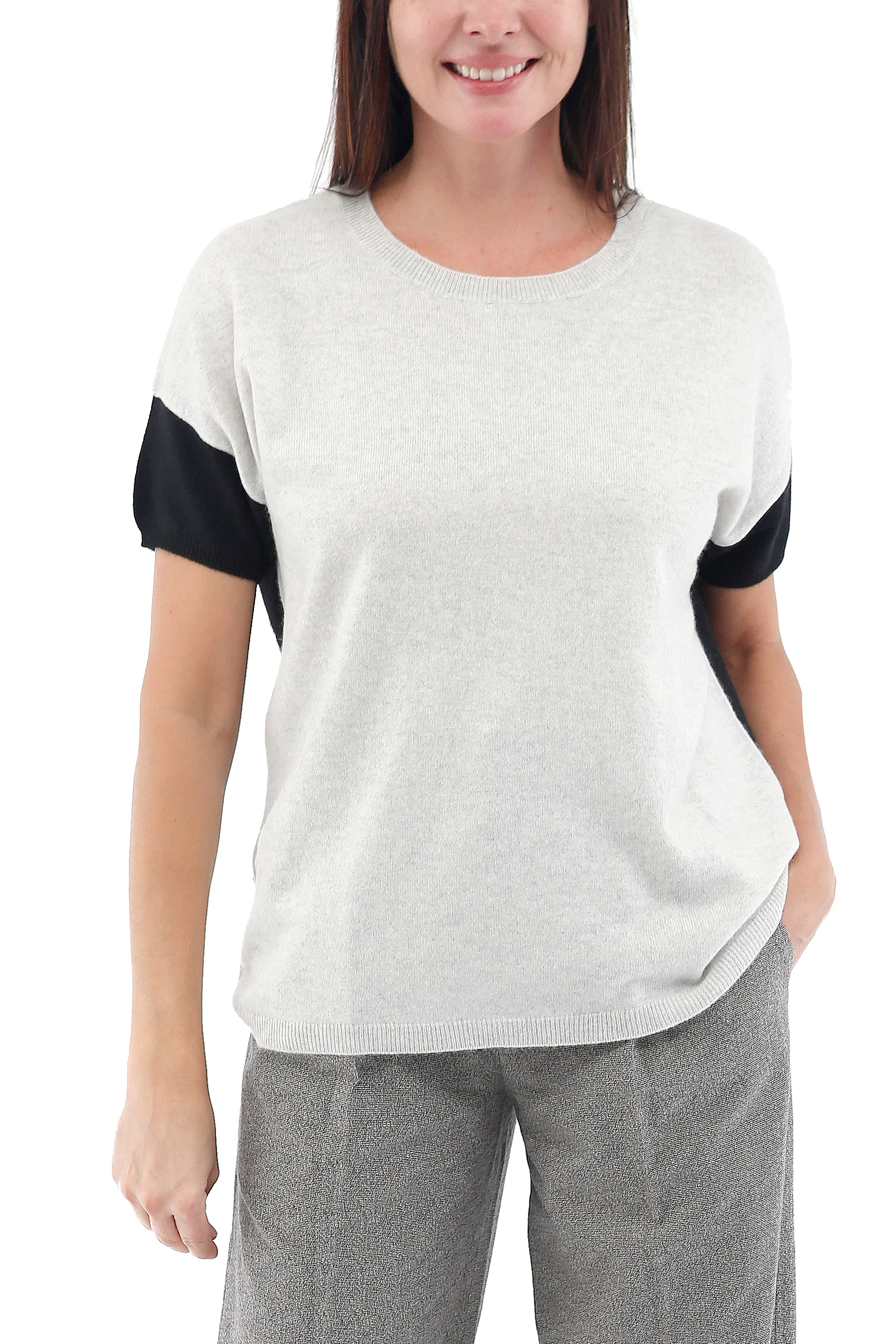 100% Cashmere Short Sleeve Crew Neck Top with Color Block