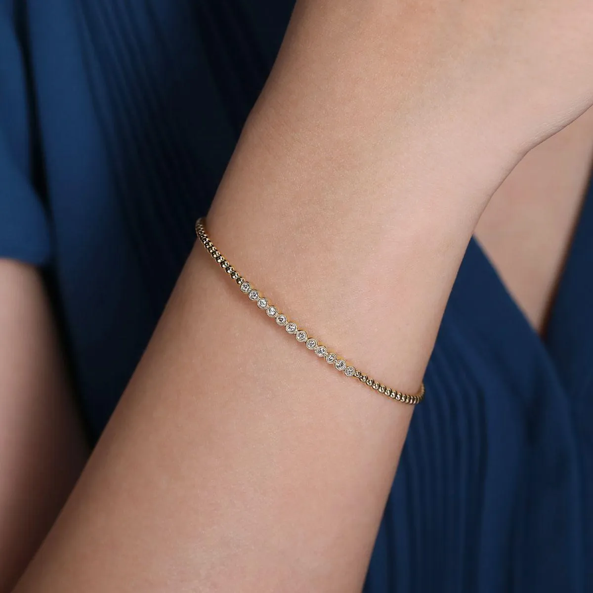 14K Yellow Gold Bujukan Bead Cuff Bracelet with Bezel Set Di...