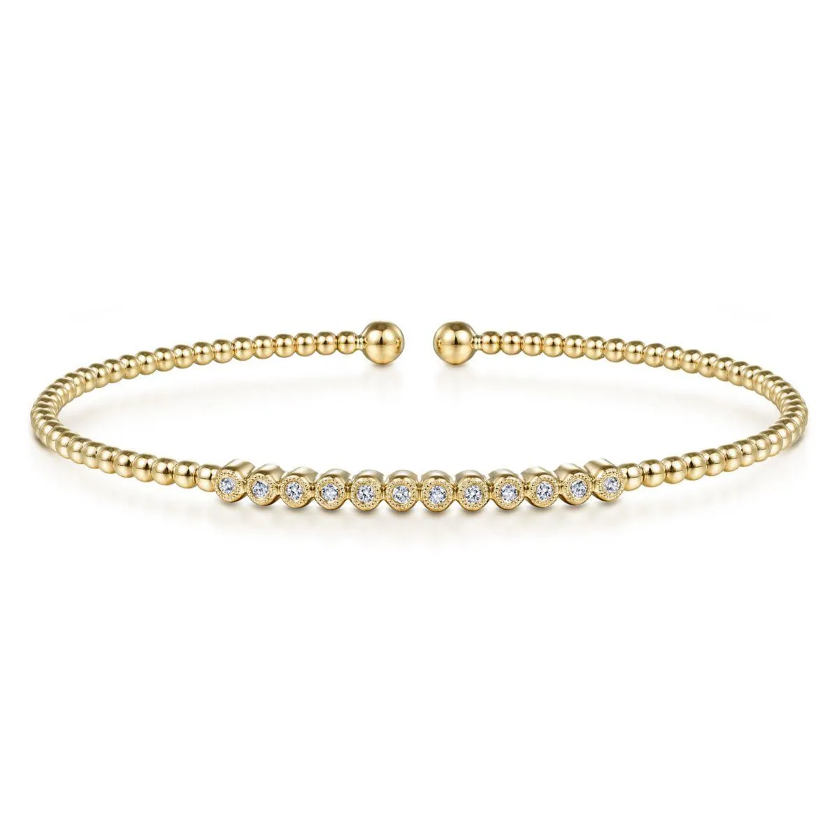 14K Yellow Gold Bujukan Bead Cuff Bracelet with Bezel Set Di...