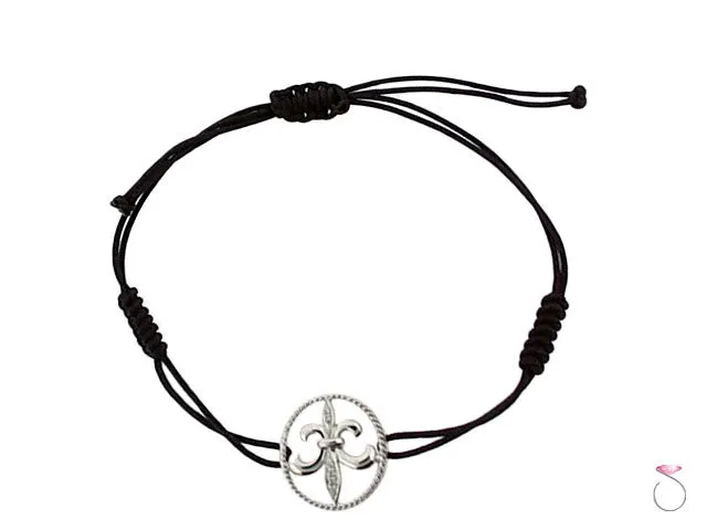 18K White Gold .03ct Diamond Fleur de Lit Charm Adjustable String Bracelet Sale