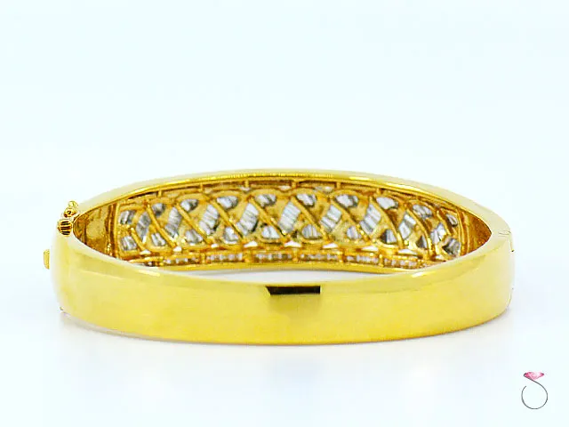 18K Yellow Gold Diamond Bangle Bracelet, Round & Baguette Diamonds 2.48 ctw.