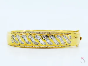 18K Yellow Gold Diamond Bangle Bracelet, Round & Baguette Diamonds 2.48 ctw.