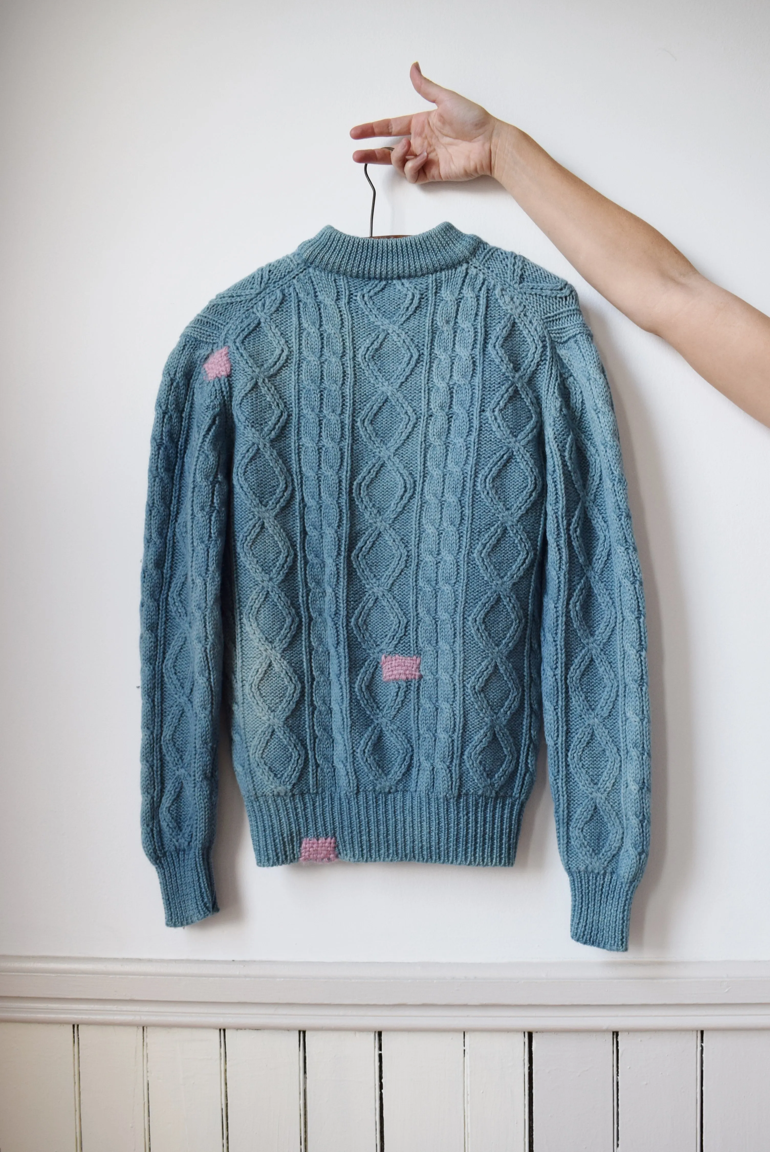 1980s Wool Cableknit Dip Dyed in Natural Indigo with Darns | S/M