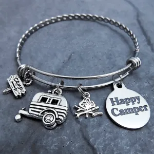 2 Braided Stainless Steel "Happy Camper" Charm Bracelets
