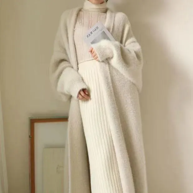 2024 White Long Cardigan for Women – Knitted Fluffy Cashmere Sweater Coat