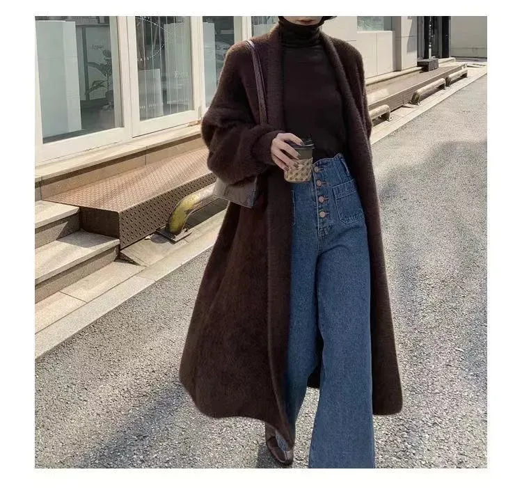 2024 White Long Cardigan for Women – Knitted Fluffy Cashmere Sweater Coat
