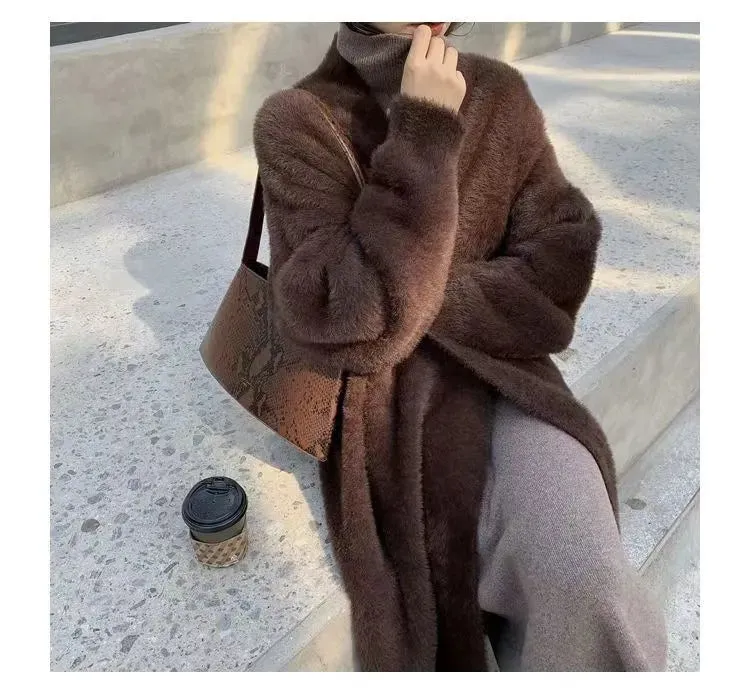 2024 White Long Cardigan for Women – Knitted Fluffy Cashmere Sweater Coat