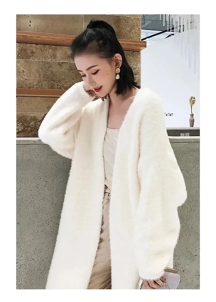 2024 White Long Cardigan for Women – Knitted Fluffy Cashmere Sweater Coat