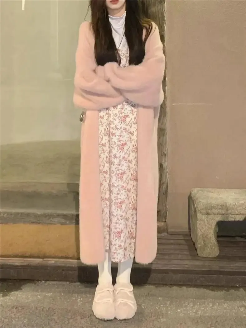 2024 White Long Cardigan for Women – Knitted Fluffy Cashmere Sweater Coat