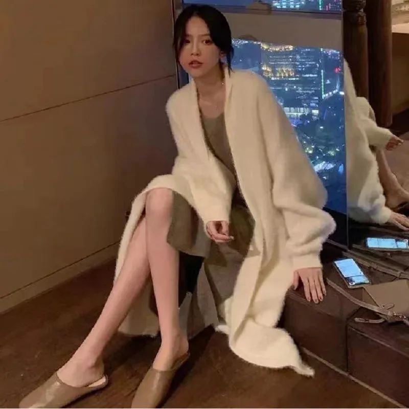 2024 White Long Cardigan for Women – Knitted Fluffy Cashmere Sweater Coat