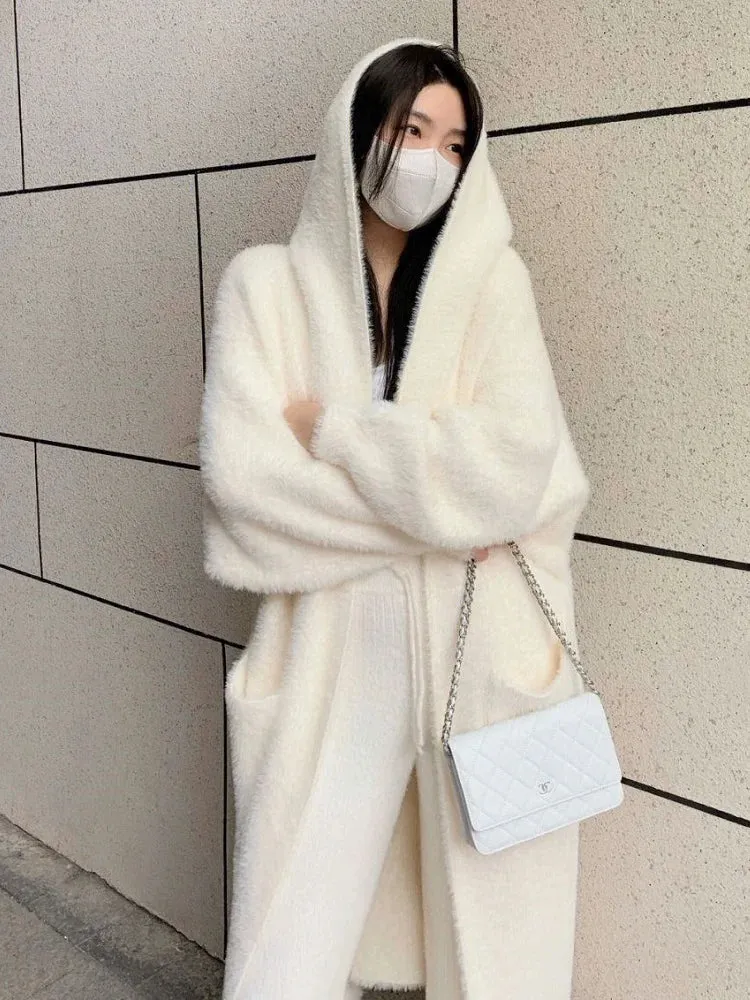2024 White Long Cardigan for Women – Knitted Fluffy Cashmere Sweater Coat