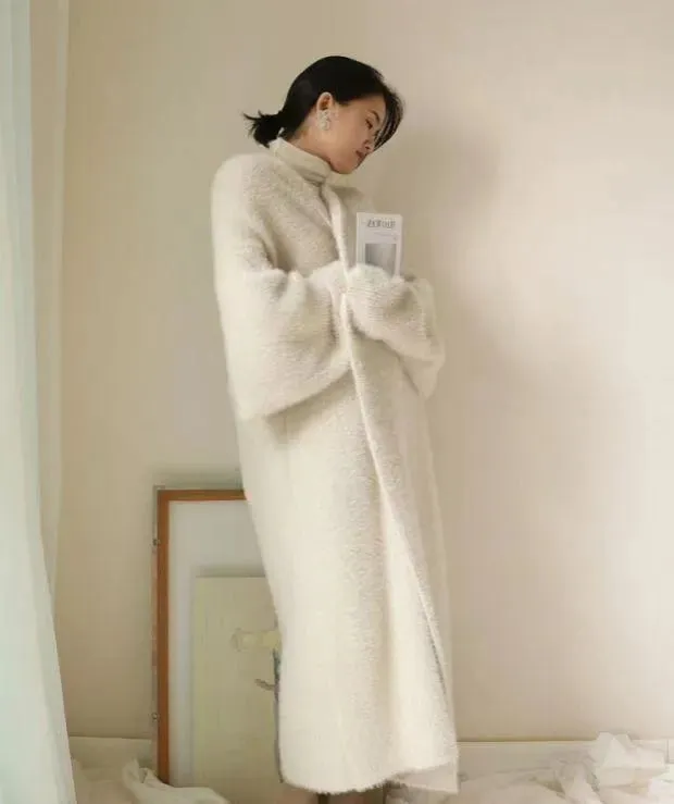 2024 White Long Cardigan for Women – Knitted Fluffy Cashmere Sweater Coat