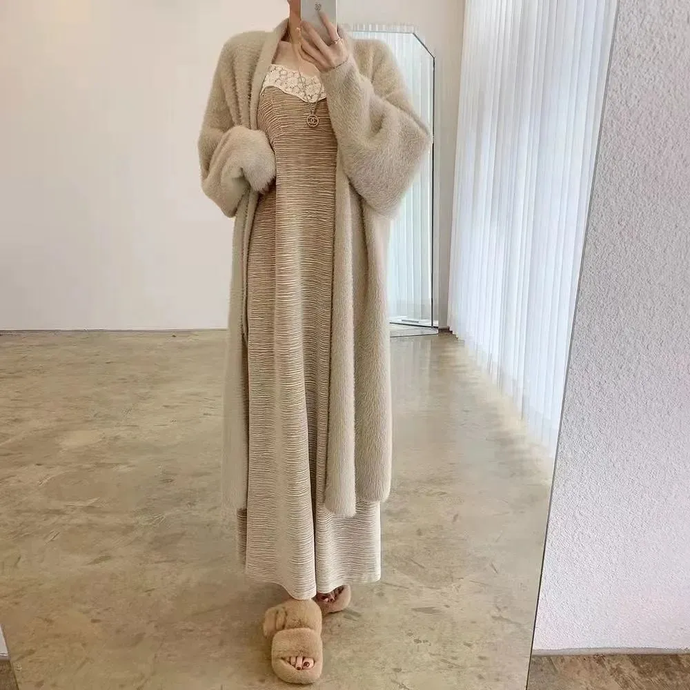2024 White Long Cardigan for Women – Knitted Fluffy Cashmere Sweater Coat