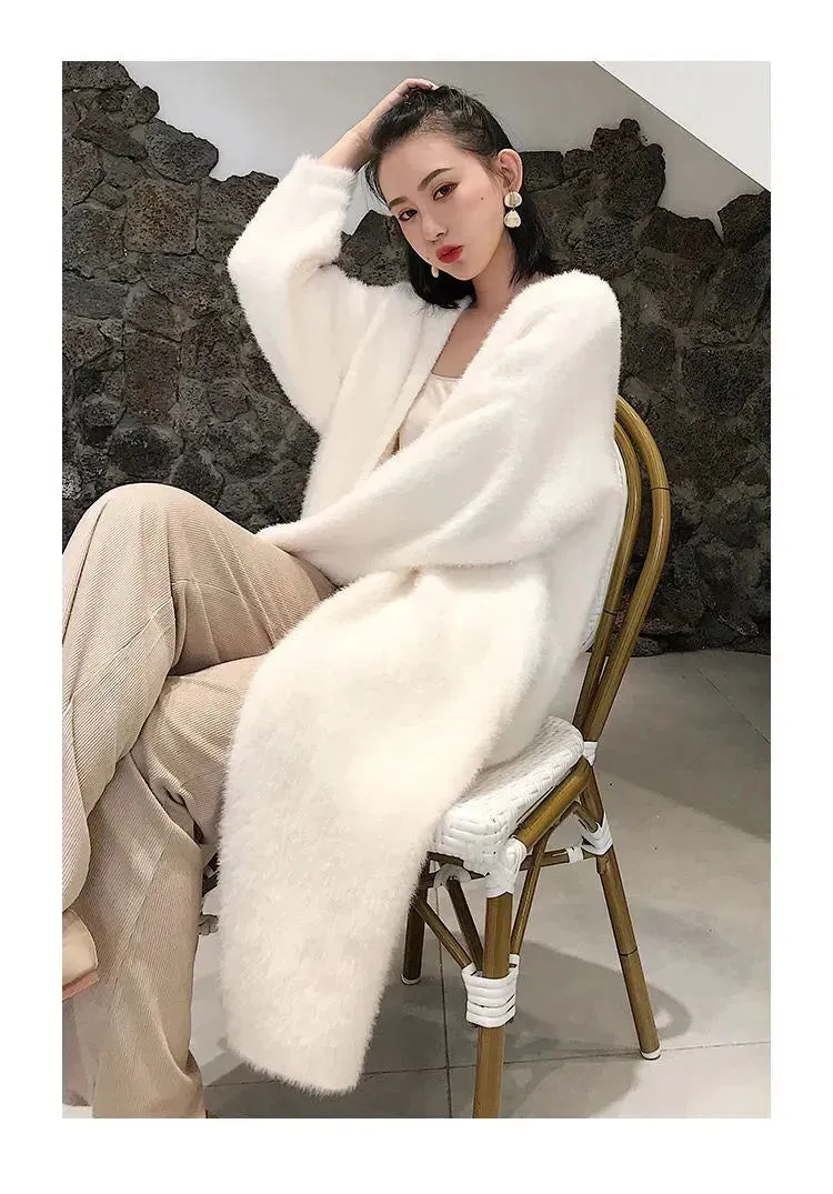 2024 White Long Cardigan for Women – Knitted Fluffy Cashmere Sweater Coat