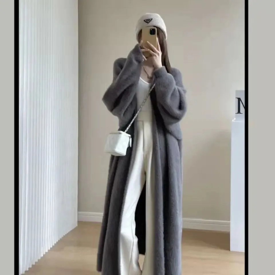 2024 White Long Cardigan for Women – Knitted Fluffy Cashmere Sweater Coat