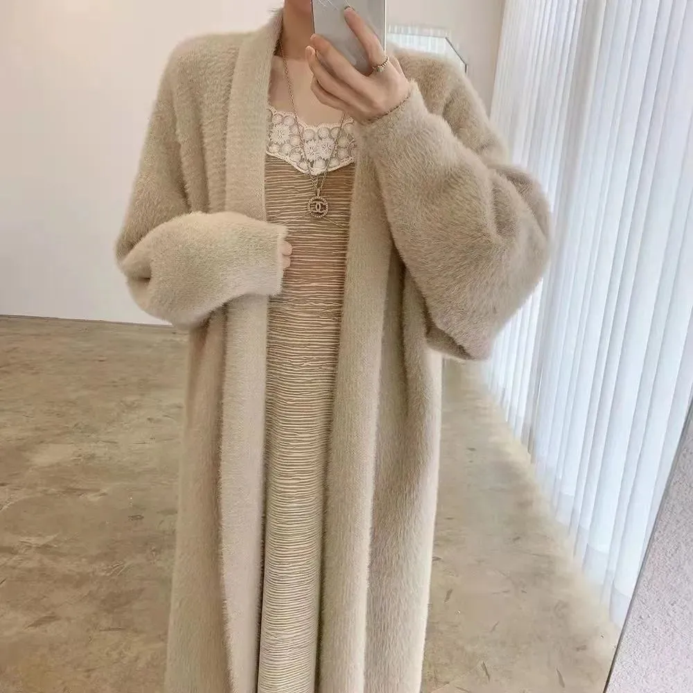 2024 White Long Cardigan for Women – Knitted Fluffy Cashmere Sweater Coat