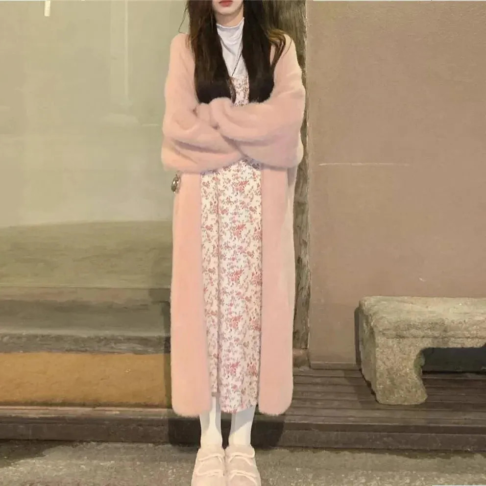 2024 White Long Cardigan for Women – Knitted Fluffy Cashmere Sweater Coat