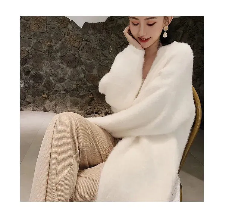 2024 White Long Cardigan for Women – Knitted Fluffy Cashmere Sweater Coat