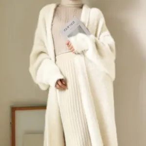 2024 White Long Cardigan for Women – Knitted Fluffy Cashmere Sweater Coat