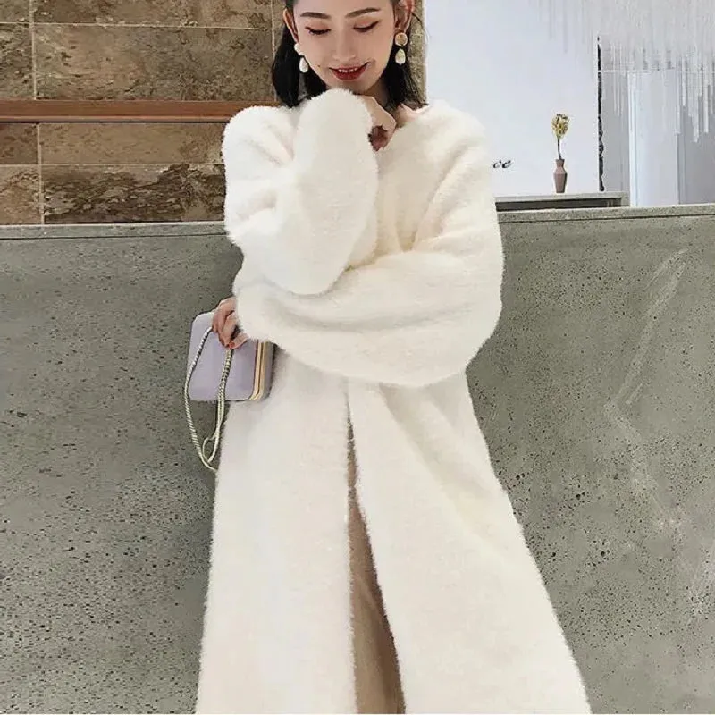 2024 White Long Cardigan for Women – Knitted Fluffy Cashmere Sweater Coat