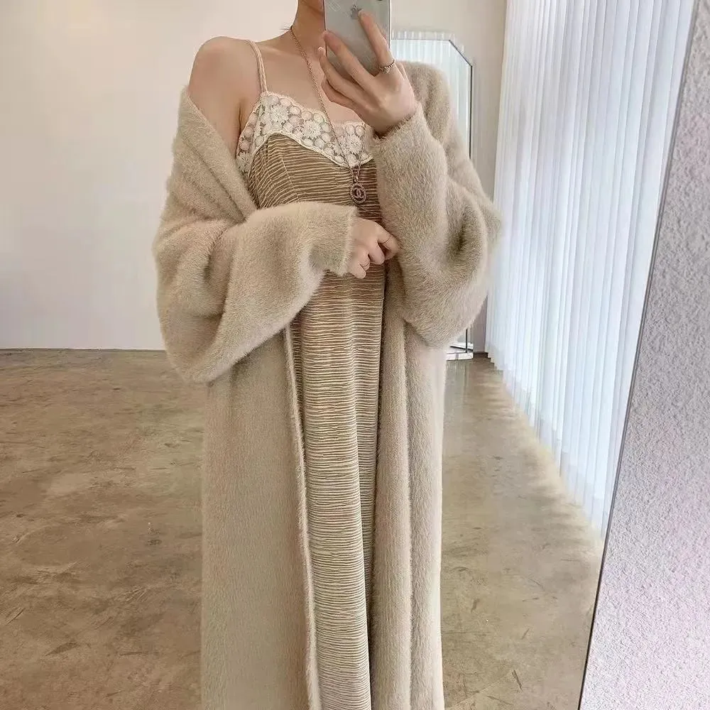 2024 White Long Cardigan for Women – Knitted Fluffy Cashmere Sweater Coat