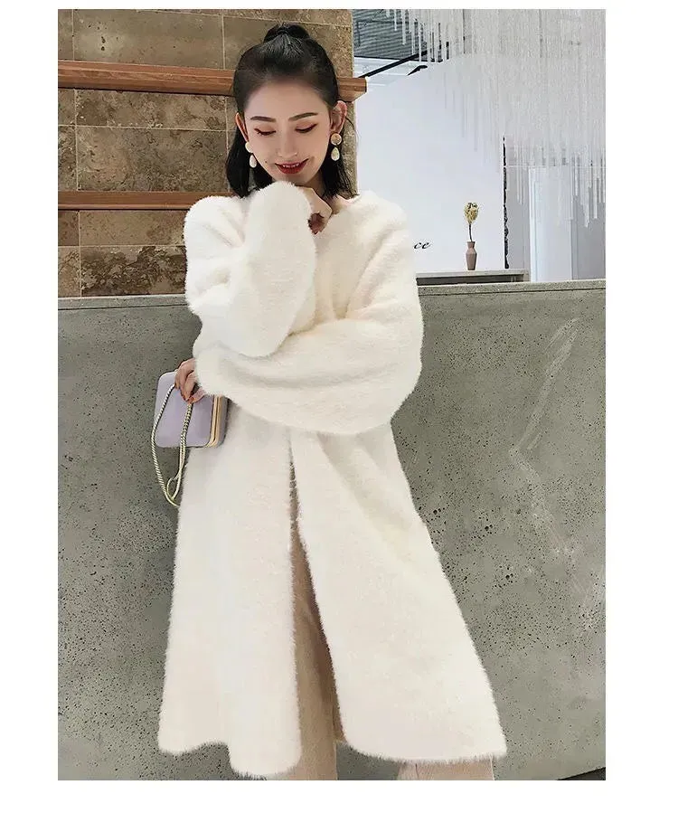 2024 White Long Cardigan for Women – Knitted Fluffy Cashmere Sweater Coat
