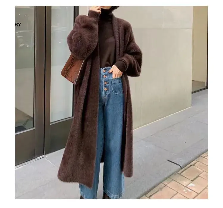 2024 White Long Cardigan for Women – Knitted Fluffy Cashmere Sweater Coat