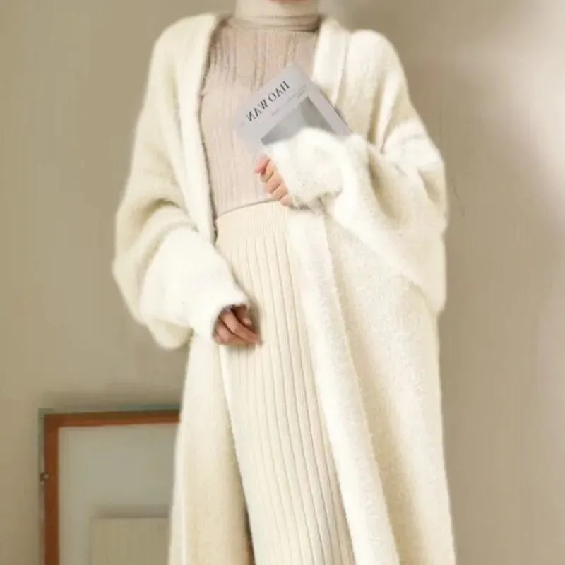 2024 White Long Cardigan for Women – Knitted Fluffy Cashmere Sweater Coat