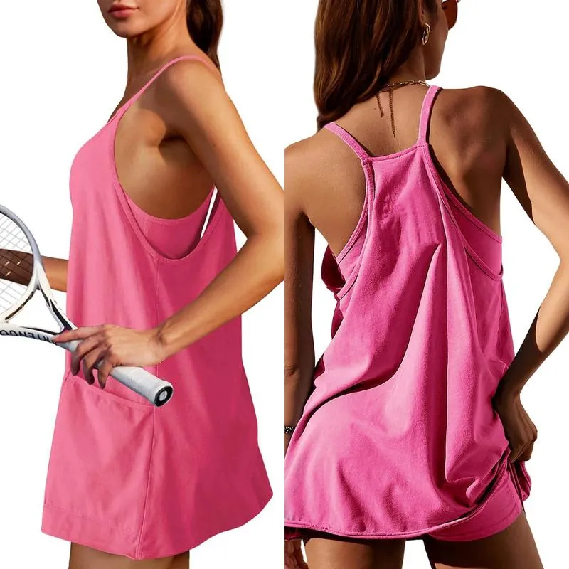 🔥2025 Hot Sale🔥Women's Athletic Sleeveless Mini Dress with Built-in Shorts V Neck Spaghetti Strap Short Tennis Dress with Pockets