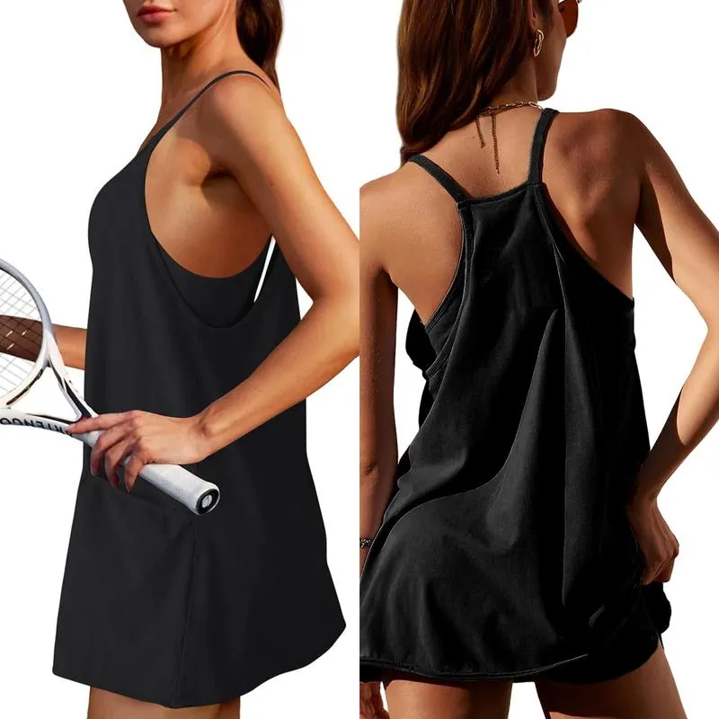 🔥2025 Hot Sale🔥Women's Athletic Sleeveless Mini Dress with Built-in Shorts V Neck Spaghetti Strap Short Tennis Dress with Pockets