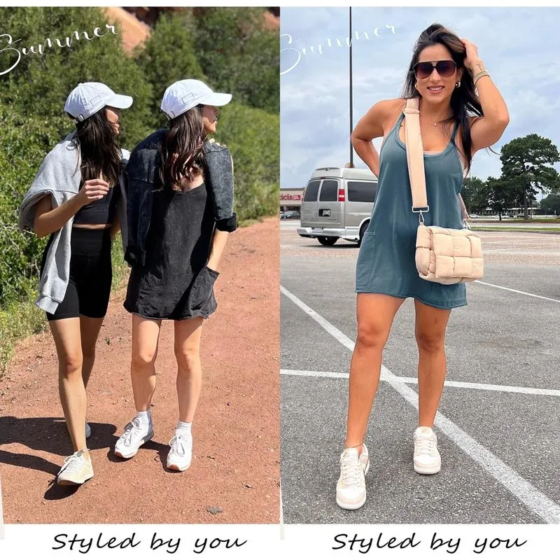🔥2025 Hot Sale🔥Women's Athletic Sleeveless Mini Dress with Built-in Shorts V Neck Spaghetti Strap Short Tennis Dress with Pockets