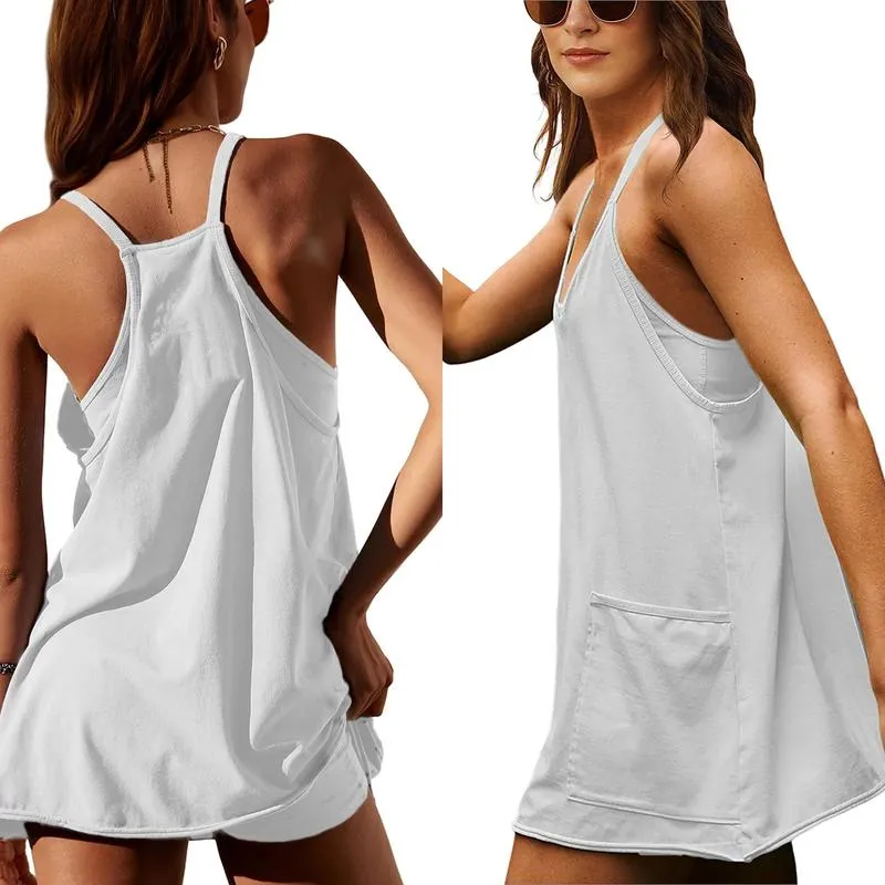🔥2025 Hot Sale🔥Women's Athletic Sleeveless Mini Dress with Built-in Shorts V Neck Spaghetti Strap Short Tennis Dress with Pockets