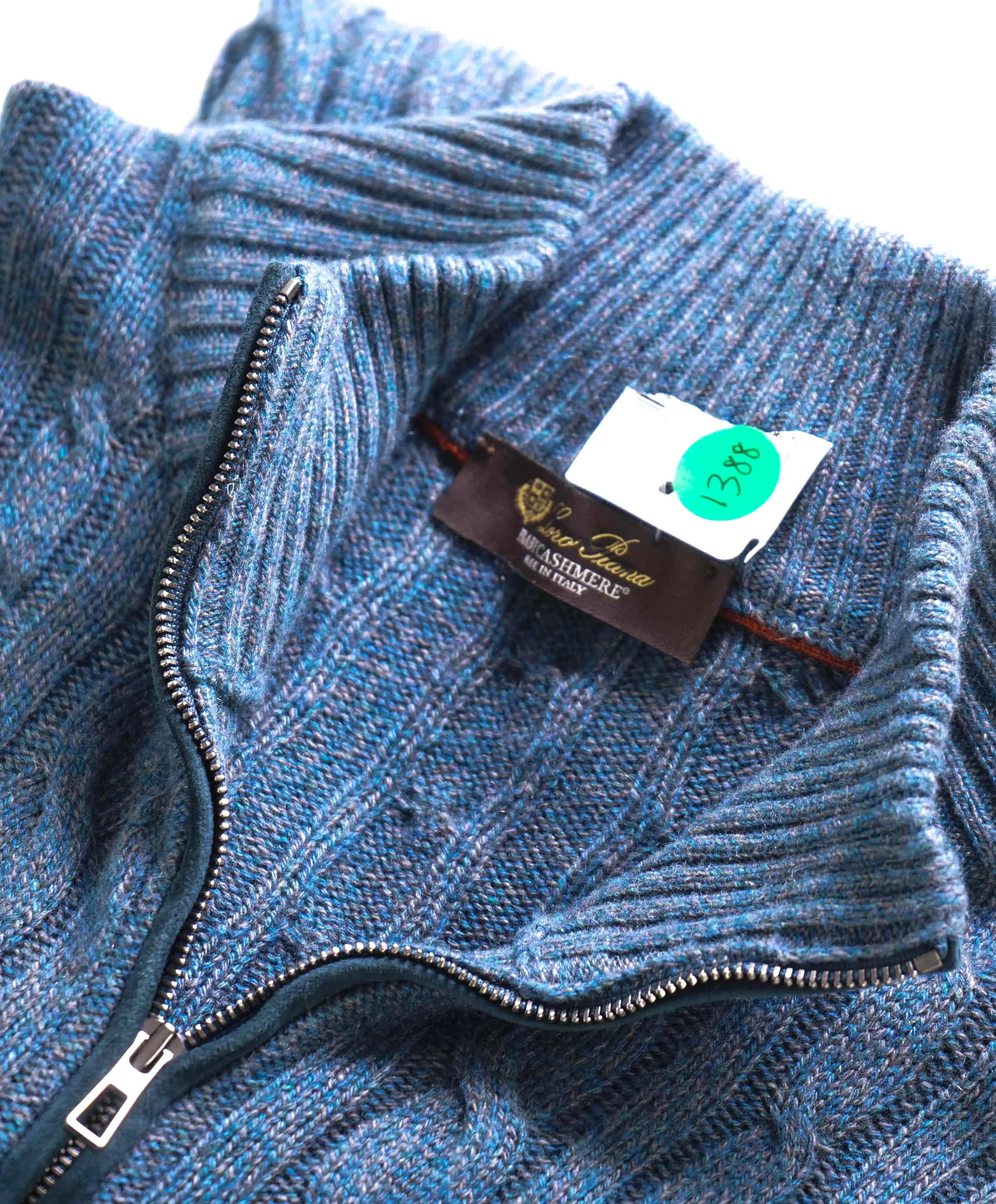 $2,275 LORO PIANA - *BABY CASHMERE* Blue Fleck Cable Knit Sweater- 58 (3XL)