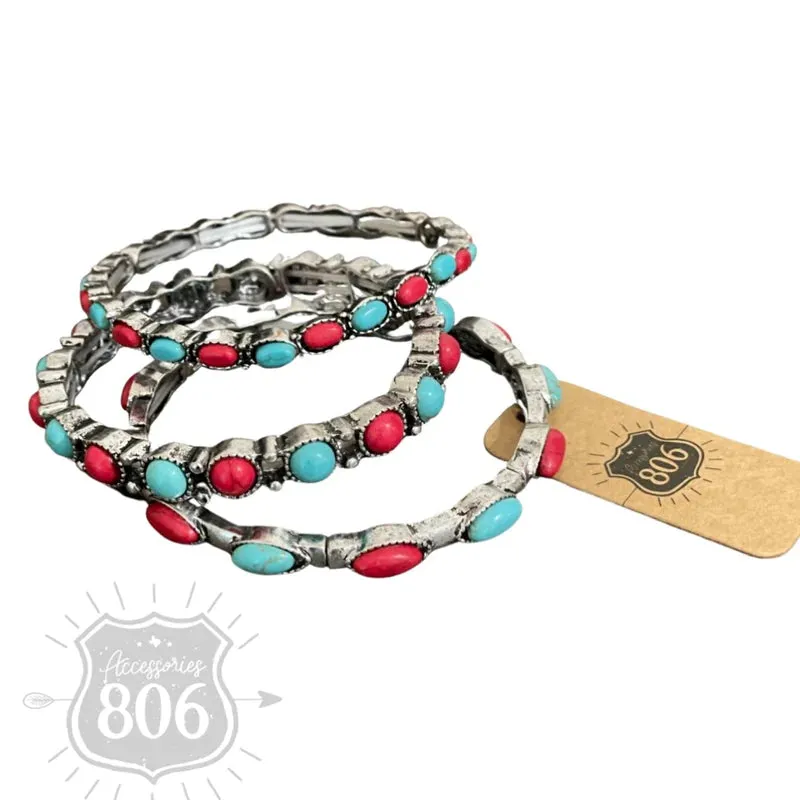 3-Piece Stretch Bracelet Set in Turquoise & Red