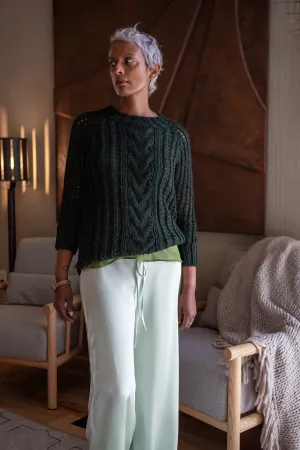 Alpaca Cable Knit Fisherman Sweater in Dark Forest