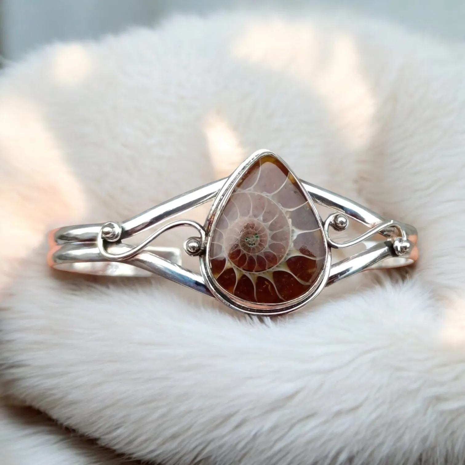 Ammonite Solid 925 Sterling Silver Cuff Bracelet