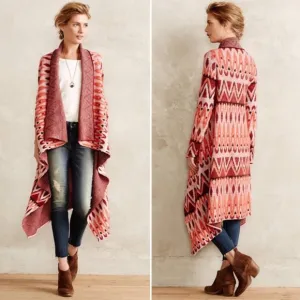 Anthropologie Sleeping On Snow Red Wool Long Open Front Waterfall Cardigan XS