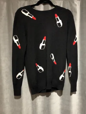 Aqua Cashmere Black Crew Neck Sweater with Lipstick