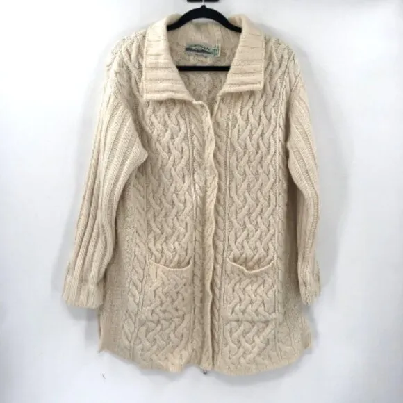 ARAN CRAFTS Long Sweater Full Zip Fisherman Cable Knit 100% Wool Made in Ireland