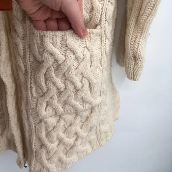 ARAN CRAFTS Long Sweater Full Zip Fisherman Cable Knit 100% Wool Made in Ireland