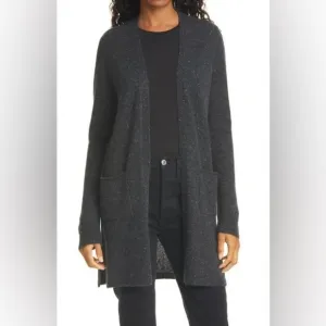 ATM Cashmere Open Front Cardigan Sweater in Grey Donegal