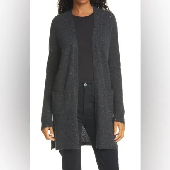 ATM Cashmere Open Front Cardigan Sweater in Grey Donegal