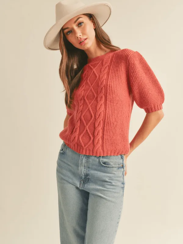 Auburn Cable Knit Short Puff Sleeve Sweater