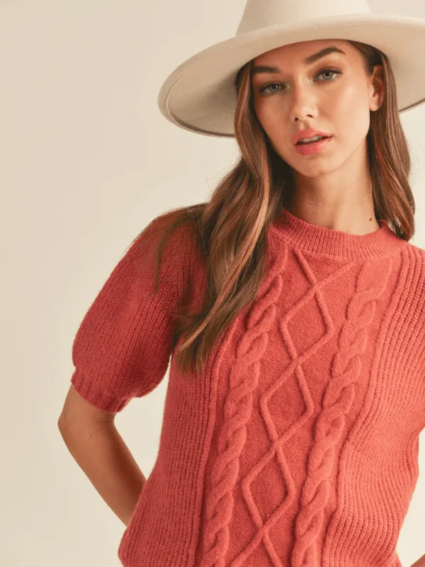 Auburn Cable Knit Short Puff Sleeve Sweater