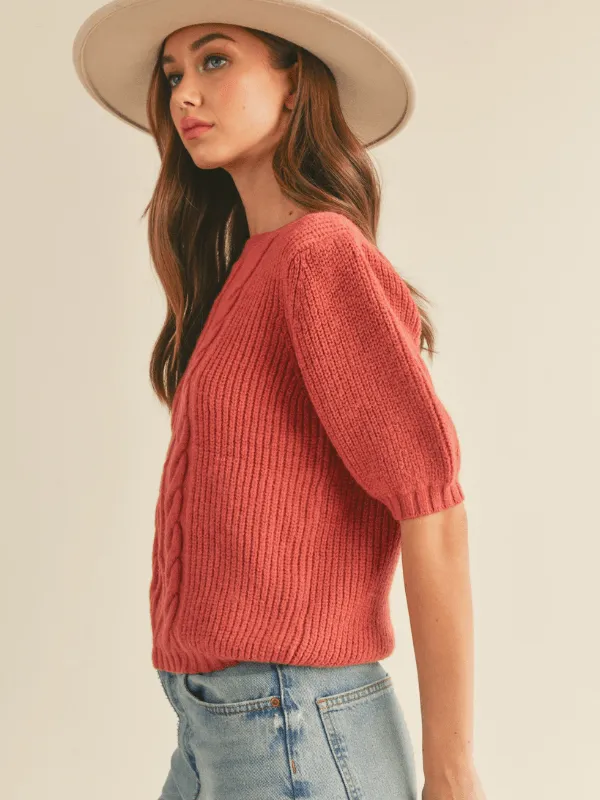 Auburn Cable Knit Short Puff Sleeve Sweater
