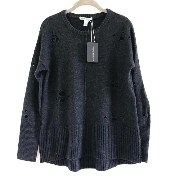 Autumn Cashmere Distressed Hi Lo Crewneck Sweater in Charcoal Gray