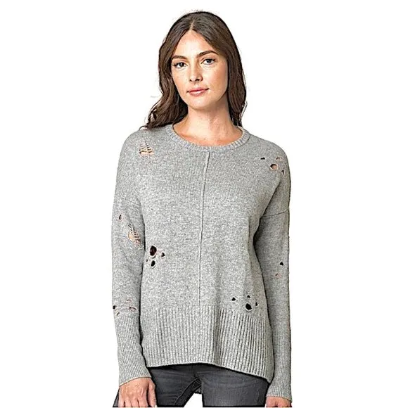 Autumn Cashmere Distressed Hi Lo Crewneck Sweater in Charcoal Gray