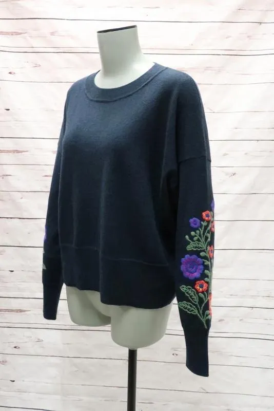 Autumn Cashmere Sweater Navy Floral-Embroidered Pullover Size Extra Small NEW