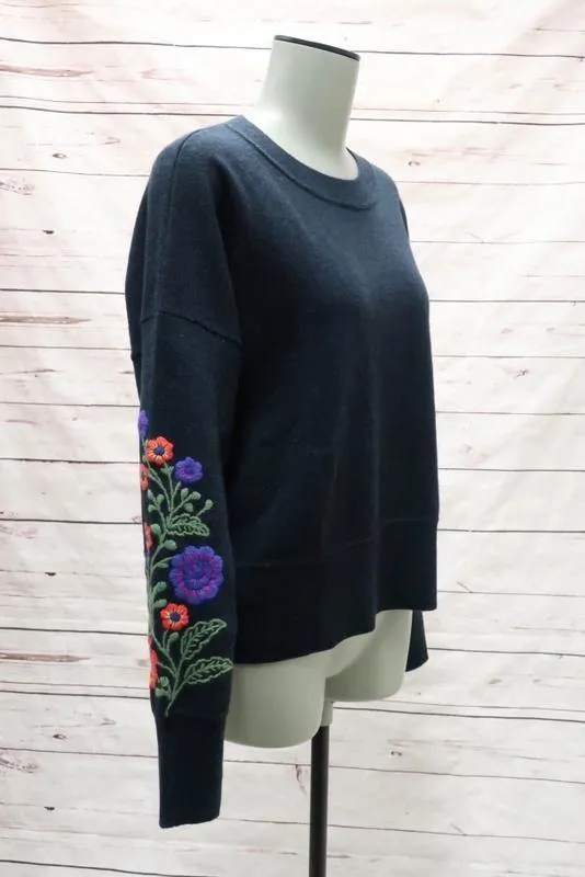 Autumn Cashmere Sweater Navy Floral-Embroidered Pullover Size Extra Small NEW