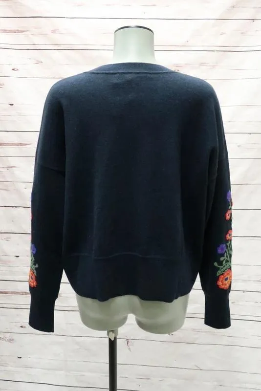 Autumn Cashmere Sweater Navy Floral-Embroidered Pullover Size Extra Small NEW